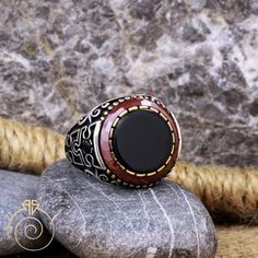 Men's onyx gemstone puzzle statement ring which will give you a head turning presence. This mystic, vintage style, engraved ring has a unique design for the polished, refined, and distinguished man. Perfect for casual and formal events, it will make your friends envious as you walk into the room full of confidence and pride. Looking for a unique, one of a kind GIFT FOR HIM, groomsman gift, father's day gift, teacher day gift? Look no further. This cool gemstone ring is the right answer and best Vintage Black Carved Rings, Unique Black Engraved Ring For Gift, Handmade Black Signet Ring Collectible, Black Handmade Vintage Engraved Ring, Vintage Black Engraved Handmade Ring, Vintage Black Handmade Engraved Ring, Handmade Vintage Black Engraved Ring, Vintage Handmade Black Engraved Ring, Black Engraved Rings For Collectors