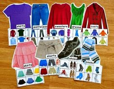 an assortment of clothing and shoes on a wooden floor with words describing the different types of clothes