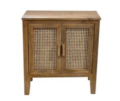 a wooden cabinet with rattan doors and drawers on one side, the door is open