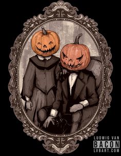 two pumpkins sitting on top of each other in front of a frame with the words,