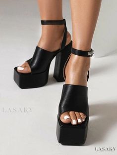 Lasaky - Womens Square Toe Chunky Heel Faux Leather Heel Sandals for a Sleek and Stylish Look Chunky Platform Faux Leather Sandals For Party, Party Heels With Chunky Platform In Faux Leather, Party Chunky Platform Heels In Faux Leather, Trendy Faux Leather Sandals For Party, Elegant Chunky Heels, Mules Sandals, Black Block Heels, Square Toe Heels, Slip On Sandals