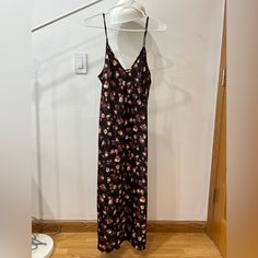 Satin Dress Perfect For Summer Days. Never Worn. No Stain Black Floral Print Maxi Dress For Brunch, Black Floral Print Maxi Dress For Night Out, Long Satin Dress, Satin Dress Long, Satin Dress, A New Day, Satin Dresses, Dresses Long, Dresses Xs