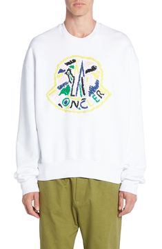 Moncler's signature cockerel logo is carefully stitched onto the center of this crewneck sweatshirt for an unexpected burst of color. Crewneck 100% cotton Dry clean Imported Designer Clothing Designer White Sweatshirt With Logo Print, Designer Crew Neck Sweater For Streetwear, Designer White Cotton Sweatshirt, Designer Sweatshirt With Embroidered Logo And Crew Neck, Designer Crew Neck Sweatshirt With Embroidered Logo, Designer Crew Neck Sweatshirt With Logo, Designer Crew Neck Sweatshirt With Logo Detail, Designer Long Sleeve Sweatshirt With Logo, Designer Cotton Sweatshirt For Winter