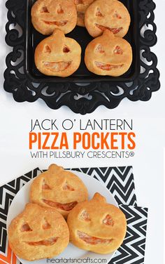 jack o'lantern pizza pockets with pillsbury crescents on a black and white plate