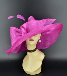 "✿*.Key Features.*✿ This is a floopy wide brim hat with big bows, two long sinamay ribbons and supper long trimmed feathers. You can wear it directly or add some accents you want, very stunning and beautiful hat. Great for Kentucky derby, weddings, church, Easter, Royal Ascot, horse races, cocktails, tea party, or any hat wearing occasion. Hat base size: From front to back around : 21\" (53cm) From left to right around : 21\" (53cm) Brim size appr:6-7.5\" Crown Deep: 4.5\" Head girth: 22.5(57cm) Elegant Summer Fedora With High Crown, Elegant Adjustable Pink Fedora, Elegant Pink Adjustable Fedora, Elegant Pink Wide Brim Fedora, Flat Brim Straw Hat For Royal Ascot Party, Flat Brim Straw Hat For Party At Royal Ascot, Elegant Pink Brimmed Fedora, Elegant Pink Fedora For Summer, Purple Wide Brim Top Hat For Summer