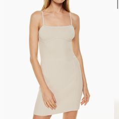 Nwt Aritzia Babaton Property Sculpt Knit Dress M Matte Pearl Fitted Beige Mini Dress For Daywear, Fitted Sheath Mini Dress For Daywear, Beige Fitted Dress With Straight Neckline, Beige Fitted Ribbed Dress, Fitted Beige Ribbed Dress, Fitted Ribbed Beige Dress, Daywear Bodycon Mini Dress, Bustier Mini Dress, Navy Wrap Dress