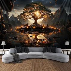 a living room with a couch and large wall mural