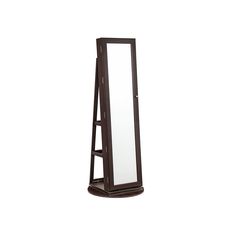 a standing mirror on top of a wooden stand