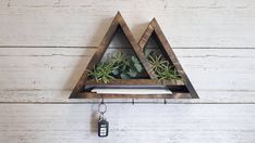 a wooden triangle shaped shelf with air plants on it and a keychain hanging from the side