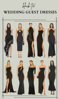 the back to black wedding guest dresses are shown in different styles and colors, including one with