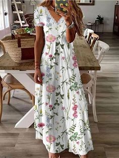 Women's Casual Dress Lace Patchwork V Neck Long Dress Maxi Dress Stylish Daily Date Short Sleeve Summer 2024 - $24.99 Casual Floral Dresses, Fall Autumn Outfits, V Neck Long Dress, Cheap Dresses Casual, Style Types, Fashion Style Outfits, Dress Stylish, Floral Dress Casual, Lace Patchwork