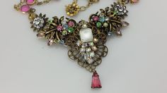 Ornate Jeweled Necklaces For Wedding, Ornate Jeweled Wedding Necklaces, Bohemian Embellished Necklaces For Weddings, Bohemian Wedding Necklace With Rhinestones, Bohemian Wedding Jewelry With Rhinestones, Vintage Bridal Necklace With Intricate Design For Wedding, Lampwork Bead Earrings, Pastel Necklace, Jewelry Repurposed