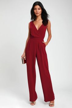 Sexy Burgundy Jumpsuit - Wide-Leg Jumpsuit - Lace Jumpsuit - Lulus Burgundy Jumpsuit, Backless Jumpsuit, Lace Jumpsuit, Burgundy Lace, Red Jumpsuit, One Piece Outfit, Jumpsuit Fashion, Sleeveless Jumpsuits