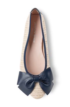 Vacation-ready raffia textures a Spanish-made shoe styled in a darling flat silhouette with a oversized bow at the toe. Flat sole Textile and leather upper/leather lining and sole Made in Spain Shoe Lover, Shoe Style, Womens Flats, Leather Upper, Loafers, Nordstrom, Navy, Luxury Fashion, Green