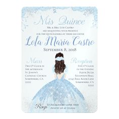 an image of a wedding card with a princess in blue dress and tiara on it