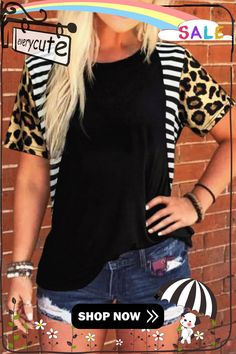 Leopard Striped Patchwork Short Sleeve Top Short Sleeve Tops With Mixed Print, Casual Fitted Tops With Mixed Print, Fitted Casual Tops With Mixed Print, Patchwork Shorts, Top Women, Women Tops, Short Sleeve Top, Ladies Tops Fashion, Short Sleeves Tops