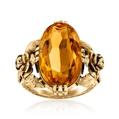 Ross-Simons - C. 1960 Vintage 7.18 Carat Citrine Ring in 18kt Yellow Gold. Size 5.75. C. 1960. From our Estate collection, this intriguing cocktail ring showcases a sunny 7.18 carat oval citrine in rich 18kt yellow gold adorned with dimensional floral details. 3/4" wide. Citrine ring. Exclusive, one-of-a-kind Estate Jewelry. Citrine birthstones are the perfect gift for November birthdays. Citrine Wedding Ring, Citrine Wedding, Citrine Birthstone, Citrine Jewelry, Orange Stone, Fine Jewelery, Diamond Cocktail Rings, Citrine Ring, Cocktail Ring