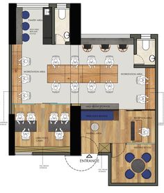 the floor plan for an office with several tables and chairs