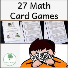 a poster with the words, 27 math card games and an image of a boy holding cards