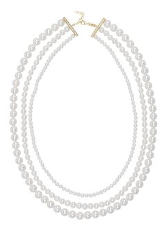 Indulge in luxury with the Audrey Three Strand Pearl Necklace in radiant gold. Made from 925 sterling silver and dipped in 18ct gold, this necklace exudes elegance and sophistication. It features three strands of pearls, each varying in size and length for a stunning cascading effect. The largest pearls are showcased on the longest outer row, the medium-sized pearls on the centre row, and the smallest pearls on the inner, shortest row. The pearls are securely fixed at a zircon-adorned bar, which Luxury White Double Strand Pearl Necklace, Classic Double Strand Pearl Pendant Necklace, Classic Double Strand Pearl Necklace With Pendant, Multi-strand Pearl Pendant Necklace For Formal Occasions, Elegant Multi-strand Pearl Necklace With Charm, Formal Multi-strand Necklace With Pearl Pendant, Classic Double Strand Pearl White Necklace, Classic Multi-strand Pearl Necklace, Elegant Double Strand Pearl Necklace With Charm