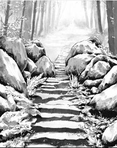 a black and white drawing of a path in the woods with rocks on either side