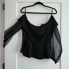 Fancy Blouse Good Fabric Off-shoulder Top With Sheer Sleeves For Evening, Chic Black Blouse With Sheer Sleeves, Elegant Off-shoulder Tops With Sheer Sleeves, Black Off-shoulder Top For Date Night, Chic Black Top For Evening, Black Off-shoulder Blouse With Ruffles, Off-shoulder Top With Sheer Sleeves For Party, Chic Black Blouse For Date Night, Black Off-shoulder Top For Going Out