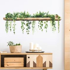 a wooden shelf with plants and candles on it next to a wall mounted planter