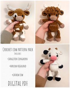 crochet cow pattern pack includes langston longhorn, harrow highland, and cashew cow