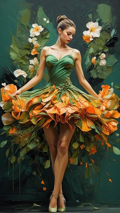 a painting of a woman in a green dress with orange flowers on the skirt and heels