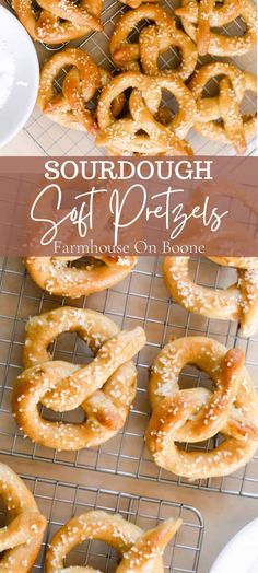 homemade soft pretzels on a cooling rack with text overlay that says sourdough soft pretzels