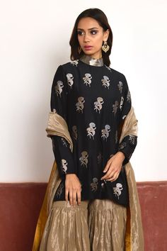 Black polo neck short kurta in handloom brocade with floral woven patterns. Comes with champagne grey tissue sharara. - Aza Fashions Tissue Sharara, Black Polo Neck, Kurta And Sharara Set, Kurta With Sharara, Black Kurta, Short Kurta, Handwoven Fabric, Sharara Set, Black Polo