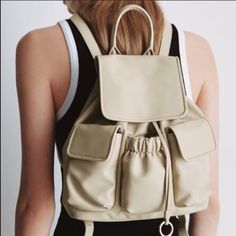 Brand New Super Soft Multipocket Backpack Drawstring Closure As Shown Cream Color Silver Hardware Zara Backpack, Soft Leather Backpack, Mesh Backpack, Women Backpack Fashion, Studded Backpack, White Backpack, Red Backpack, Zara Mini, Faux Leather Backpack