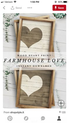 two wooden frames with hearts on them and the words farm house love in front of them