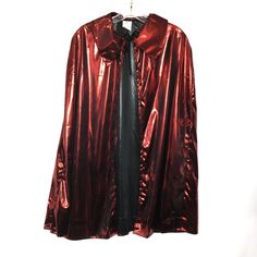 Cape Red Shiny Lame’ 32” Long Unisex 32” Cape With Collar Ties At Neckline Devil - Super Hero - Halloween 60 Vampire Cape For Winter Costume Party, Vampire Cape For Costume Party In Winter, Vampire Style Cape For Costume Party In Winter, Vampire Style Cape For Costume Party And Winter, Vampire Style Winter Party Outerwear, Red Long Sleeve Outerwear For Costume Party, Solid Color Costume For Halloween Party, Red Costume Outerwear For Fall, Hooded Fall Costume For Costume Party