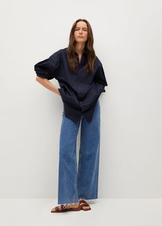 Oversize cotton shirt - Women | Mango United Kingdom Navy Oversized Shirt Outfit, Poplin Shirt Outfit, Oversized Shirt Outfit, Oversized Poplin Shirt, Cotton Shirts Women, Cotton Poplin Shirt, Navy Shirt, Winter 2023, Poplin Shirt