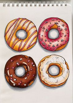 four donuts with different toppings are shown on a spiral bound notebook in this drawing