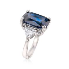 Ross-Simons - 12.25ct Cushion-Cut Simulated Sapphire, 1.75ct t. w. Cubic Zirconia Ring Size 5. A rhapsody in blue, this affordable ring makes a stunning first impression! The center 12.25 carat cushion-cut simulated sapphire is sided by two 1.75 ct. t. w. trillion-cut CZs, and the results are just breathtaking. 5/8" wide. Sterling silver ring. Carat weights are diamond equivalents. Sapphire birthstones are the perfect gift for September birthdays. Gia Certified Trillion Cut Formal Rings, Formal Gia Certified Trillion Cut Ring, Trillion Cut Diamond Ring With Gemstone For Formal Occasions, Formal Trillion Cut Diamond Ring With Gemstone, Formal Radiant Cut Lab-created Sapphire Rings, Gia Certified Trillion Cut Cubic Zirconia Ring, Formal Radiant Cut Sapphire Ring With Cubic Zirconia, Formal Trillion-cut Sapphire Ring With Prong Setting, Formal Trillion Cut Sapphire Ring With Prong Setting