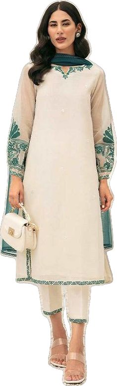 White Embroidered Sleeves Straight Kurta, Festive White Kurta With Embroidered Sleeves, White Embroidered Unstitched Kurta, White Kurta With Embroidered Sleeves, Eid White Kurta With Embroidered Sleeves, Elegant White Churidar With Embroidered Border, White Straight Kurta Dress With Embroidered Border, Elegant White Lawn Suit With Embroidered Border, White Long Sleeve Lawn Suit With Embroidered Border