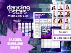 the dancing with the stars party pack is shown in purple and blue colors, including an image