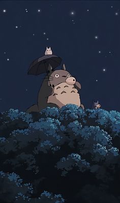 a cartoon character holding an umbrella on top of a hill at night with stars in the sky