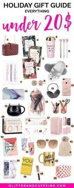 the ultimate holiday gift guide for under 20 dollars with text overlaying it that says,