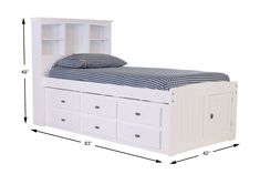 a white bed with drawers underneath it and a bookcase above the headboard for storage