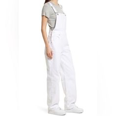 Size 14/32 Length 54.5" Inseam 32" 17" Across At Waist Laying Flat Square Neck Wide Legs Adjustable Straps And Button Closure On Sides Relaxed Fit Six Pockets Solid White 100% Cotton New With Tags White Casual Bib Front Overalls, High Waist Relaxed Fit Overalls For Workwear, White Full-length Jeans For Workwear, White Overalls With Pockets, White Full-length Jeans For Work, Spring Full-length Relaxed Fit Overalls, Spring Cotton Bib Front Bottoms, White Full Length Jeans For Work, Spring Bib Front Cotton Bottoms