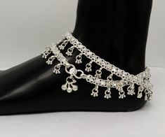 Amazing traditional Indian tribal style gorgeous Solid sterling silver handmade anklet, gorgeous ankle bracelet women's jewelry, gorgeous wedding brides made belly dancing jewelry, belly dance jewelry from Rajasthan India, Metal- sterling silver. Type-Anklet, ankle bracelet, foot bracelets. Length- 10.5 inches. Weight-90.960 grams. Width- 1.8 cm with hanging bells Quantity-Pair(contact for single piece) Make excellent gifting and collectible pieces(gift for birthday, wedding, anniversary, mother Adjustable Silver Anklets For Festivals, Adjustable Silver Anklets For Festive Season, Festive Adjustable Silver Anklets, Festive Silver Adjustable Anklets, Silver Toe Ring Anklets For Festivals, Traditional Silver Toe Ring Anklets, Adjustable Sterling Silver Anklets For Wedding, Adjustable Sterling Silver Wedding Anklets, Silver Beaded Anklets For Wedding