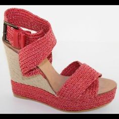 M & P Maypol Red High Espadrille Platform Wedge Heel Sandals Size 8.5/39. Condition- New! With Box Description: M & P Maypol Size 39 Black Woven Strappy Criss-Cross Synthetic Upper. Tonal Stitching. Open / Peep Toe. Brass Colored Hardware Ankle Strap Buckle. Approximately 1.25'' Platform Heel. Approximately 5'' Espadrille Heel. Made In Spain Summer High Heel Wedge Sandals With Red Sole, High Heel Wedge Sandals With Red Sole For Summer, Summer Wedge Sandals With Red Sole And Round Toe, Chic Summer Wedge Sandals With Red Sole, Red Wedge Sandals With Platform And Round Toe, Red Platform Wedge Sandals With Round Toe, Red Wedge Sandals For Summer Vacation, Red Summer Beach Wedge Sandals, Summer Wedge Sandals With Red Sole And Ankle Strap