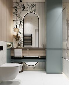 a modern bathroom with marble walls and flooring