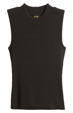 Cut from a stretchy ribbed knit for a figure-skimming fit, this top makes a great layer and looks great as the shoulder-flaunting solo star of your look. 22 1/2" length (size Medium) Mock neck Sleeveless 95% organic pima cotton, 5% spandex Machine wash, tumble dry Made in Peru Sleeveless Fitted Top With Ribbed Neckline, Fitted Sleeveless Top With Ribbed Neckline, Classic Sleeveless Ribbed Top, Sleeveless Tops With Ribbed Neckline For Workwear, Black Sleeveless Top With Ribbed Neckline, Classic Black Tank Top, Ribbed Tank Top For Workwear, Ribbed Tank Top For Work, Sleeveless Mock Neck