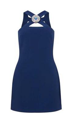 CRYSTAL-BROOCH CREPE MINI DRESS IN NAVY BLUE Navy Mini Dress For Evening, Chic Navy Mini Dress, Elegant Navy Sleeveless Mini Dress, Elegant Navy Mini Dress For Night Out, Chic Navy Mini Dress For Formal Occasions, Elegant Navy Mini Dress, Elegant Navy Mini Dress For Formal Occasions, Chic Navy Mini Dress For Date Night, Elegant Navy Mini Dress For Evening