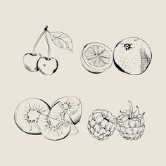 various fruits are shown in black and white