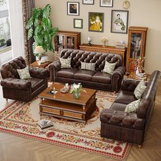 a living room filled with brown furniture and lots of pictures on the wall above it